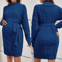 Fashion Mock Neck Long Sleeve Cable Pattern Knitted Maternity Sweater Dress with Belt
