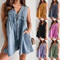 Vintage Self-tie V-neck Pleated Side Patch Pockets Loose Romper