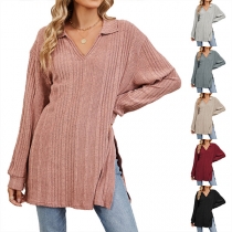 Fashion Stand Collar V-neck Long Sleeve Side Slit Ribbed Shirt