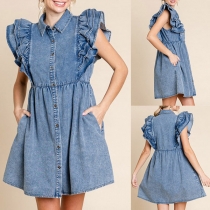 Fashion Multi-layer Ruffle Sleeve Stand Collar Side Pockets Old-washed Denim Dress