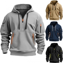 Fashion Zipper Pockets Long Sleeve Half-zipper V-neck Hooded Sweatshirt for Men