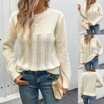 Fashion Crew Neck Long Sleeve Hollow Out Knitted Shirt