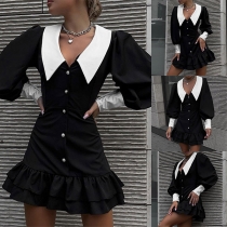 Fashion Contrast Color Lapel V-neck Long Sleeve Front Button Ruffle Hemline Dress