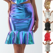Fashion Bright-color Ruffle Hemline Skinny Skirt