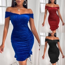 Sexy Off-the-shoulder Drawstring Ruffle Hemline Bodycon Dress