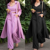 Fashion Three-piece Set Consist of Longline Cardigan, Crop Cami Shirt and Straight-cut Pants