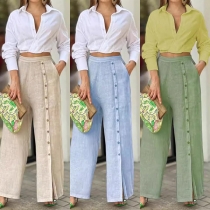 Casual Comfy Cotton and Linen Two-piece Set Consist of Crop Blouse and Button Pants