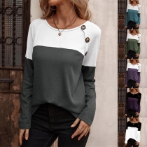Casual Contrast Color Side Button Crew Neck Long Sleeve Shirt