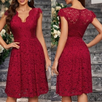 Elegant V-neck Cap Sleeve High-rise Jacquard Lace Dress