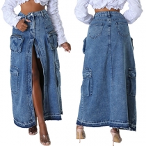 Street Fashion Side Patch Pockets Front Slit Old-washed Denim Skirt