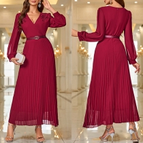 Fashion Floral Decoration V-neck Long Sleeve High-rise Pleated Dress