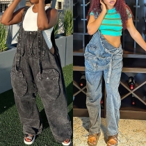 Street Fashion Patch Pockets Loose Denim Suspender Jumpsuit