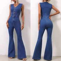 Fashion Button V-neck Sleeveless Wide-leg Slim-fit Denim Jumpsuit