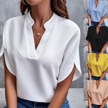 Casual Solid Color V-neck Short Sleeve Shirt
