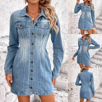 Fashion Stand Collar Long Sleeve Front Button Cinch Waist Old-washed Denim Dress