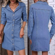 Fashion Stand Collar Long Sleeve Front Button Cinch Waist Denim Dress