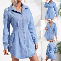 Fashion Stand Collar Long Sleeve Cinch Waist Denim Dress