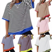 Casual Contrast Color Crew Neck Short Sleeve Stripe Printed Shirt