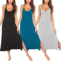 Casual U-neck Backless Side Slit Loose Dress