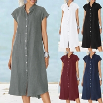 Comfy Front Button Short Sleeve Cotton and Linen Shirt Dress