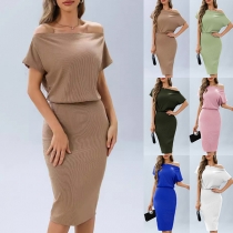 Fashion Solid Color One-shoulder Short Sleeve Bodycon Dress
