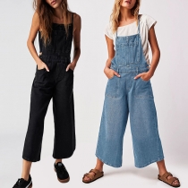 Street Fashion Patch Pockets Straight-cut Old-washed Suspender Denim Jumpsuit