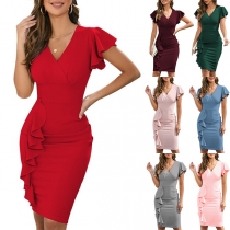 Fashion Solid Color V-neck Ruffle Short Sleeve Bodycon Dress