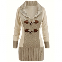 Vintage Cable Pattern Lapel V-neck Long Sleeve Horn Button Knitted Shirt