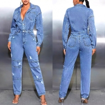 Street Fashion Stand Collar Long Sleeve Front Button Distreeted Old-washed Denim Jumpsuit