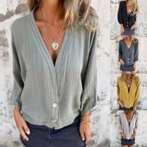 Casual Comfy V-neck Long Sleeve Cotton and Linen Shirt