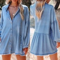 Casual Stand Collar Long Sleeve Front Button Frayed Hemline Denim Mini Dress