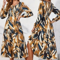 Fashion Printed Crew Neck Long Sleeve Tiered Dress