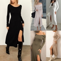 Fashion Solid Color Crew Neck Long Sleeve Slit Midi Dress