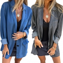 Fashion Notch Lapel Long Sleeve Denim Jacket
