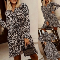 Fashion V-neck Long Sleeve Self-tie Leopard Printed Mini Dress