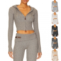 Fashion Cable Pattern Knitted Two-piece Set Consist of Hooded Crop Cardigan and Pants