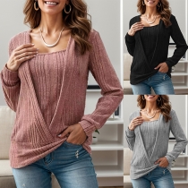 Fashion Square Neck Long Sleeve Front Slit Ribbed Mock-two-piece Shirt