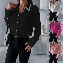 Fashion Rhinestone Stand Collar Long Sleeve Blouse