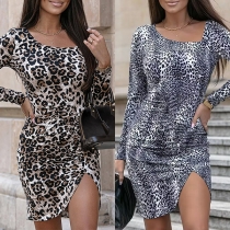 Sexy Leopard Printed Square Neck Long Sleeve Slit Bodycon Dress