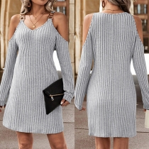 Fashion Chain Shoulder Strap Open-shoulder Long Sleeve Ribbed Dress