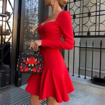 Fashion Square Neck Long Sleeve Ruffle Hemline Red Dress