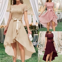 Fashion Lace Spliced Crew Neck Short Sleeve High-low Hemline Dress