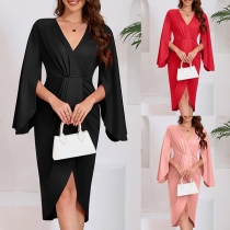 Elegant Solid Color Slit Long Sleeve V-neck Irregular Hemline Bodycon Dress