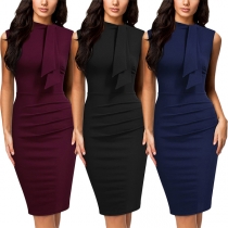 Fashion Solid Color Crew Neck Sleeveless Ruched Bodycon Dress