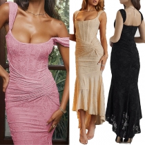 Sexy Squared Neck Backless Ruch Cinch Waist Fishtail Hemline Bodycon Lace Dress