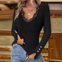 Fashion Lace Spliced V-neck Slit Heart Button Long Sleeve Ribbed Shirt