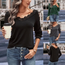 Fashion Lace Spliced V-neck Long Sleeve Shirt