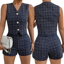Fashion Plaid Two-piece Suit Set Consist of Vest and Shorts