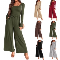 Fashion Square Neck Long Sleeve Wide-leg Jumpsuit