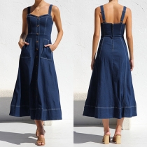 Fashion Sweetheart Neckline Patch Pockets Button Denim Dress